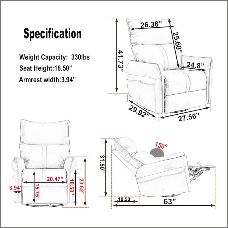 Fauteuil inclinable électrique pivotant 270° avec ports USB