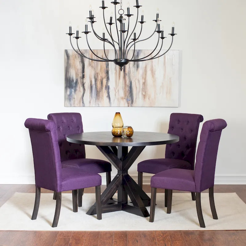 Ensemble de salle à manger moderne 5 pièces avec table ronde à piètement croisé et 4 chaises tapissées en lin capitonnées