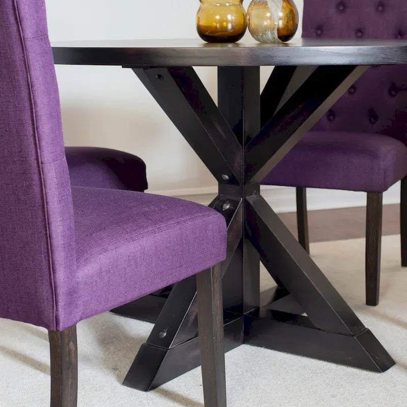 Ensemble de salle à manger moderne 5 pièces avec table ronde à piètement croisé et 4 chaises tapissées en lin capitonnées