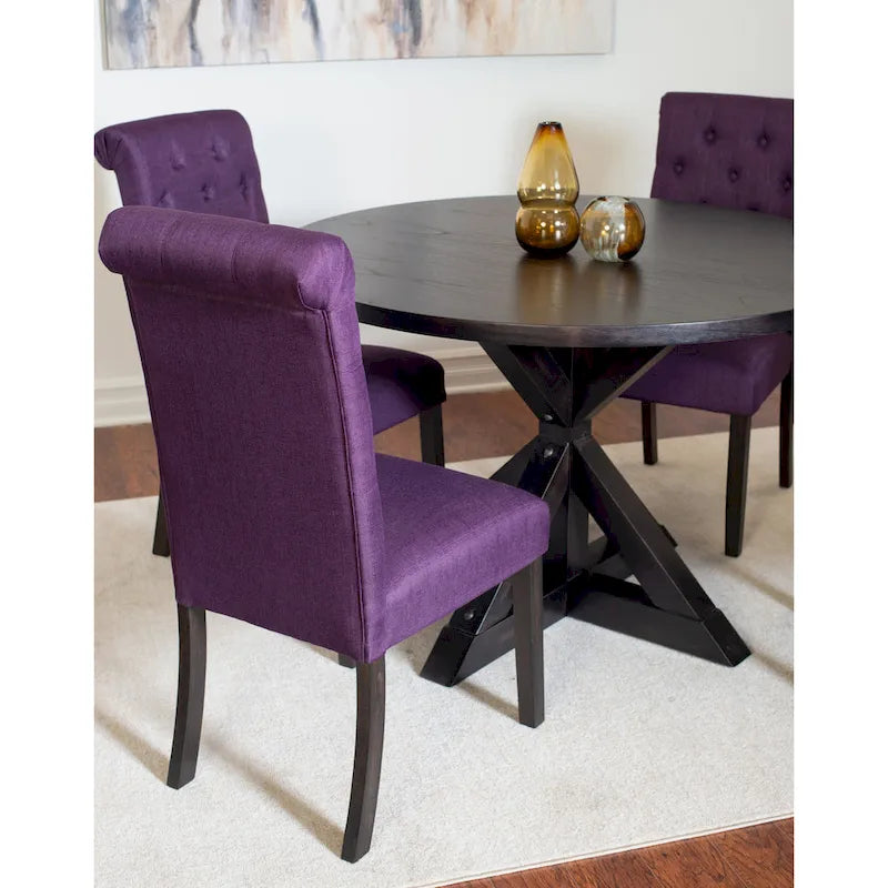 Ensemble de salle à manger moderne 5 pièces avec table ronde à piètement croisé et 4 chaises tapissées en lin capitonnées