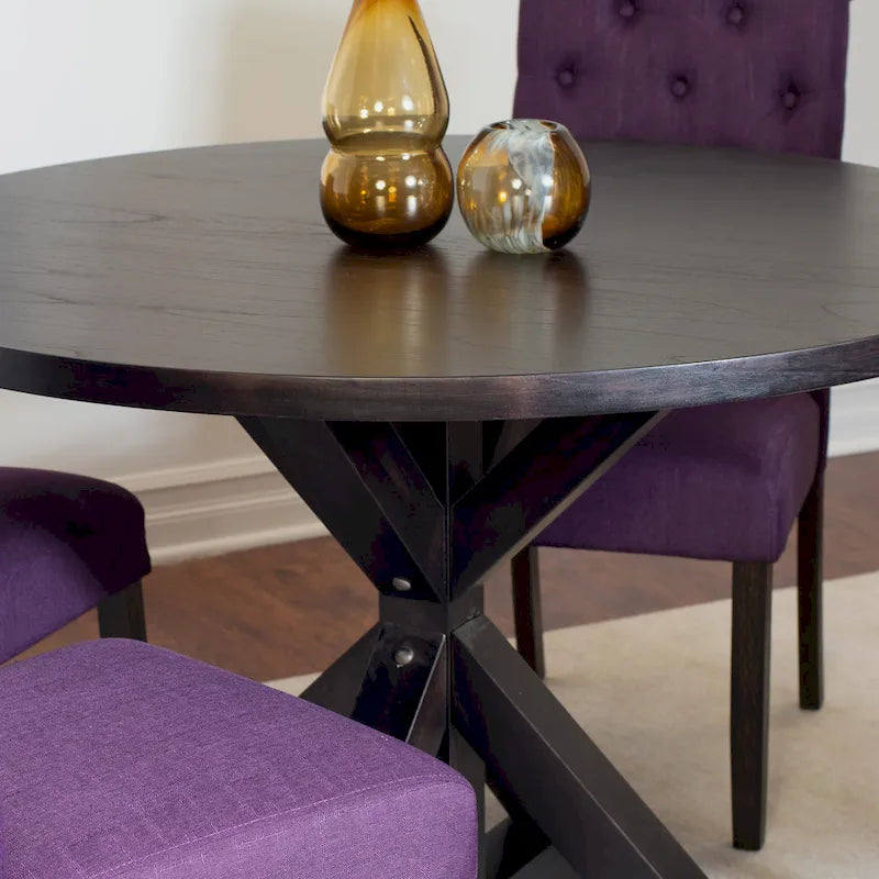 Ensemble de salle à manger moderne 5 pièces avec table ronde à piètement croisé et 4 chaises tapissées en lin capitonnées
