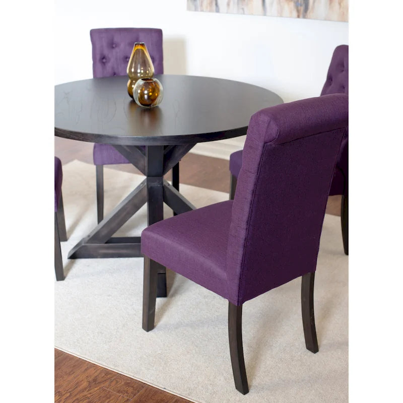 Ensemble de salle à manger moderne 5 pièces avec table ronde à piètement croisé et 4 chaises tapissées en lin capitonnées
