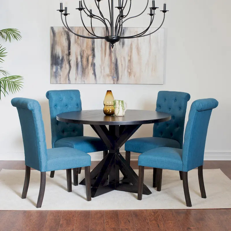 Ensemble de salle à manger moderne 5 pièces avec table ronde à piètement croisé et 4 chaises tapissées en lin capitonnées