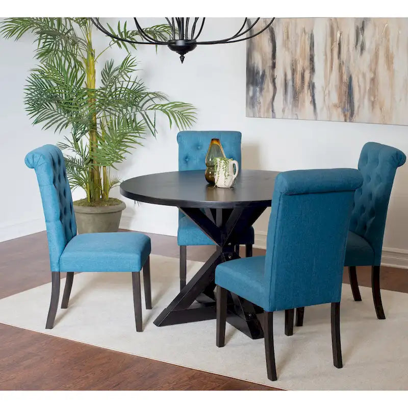 Ensemble de salle à manger moderne 5 pièces avec table ronde à piètement croisé et 4 chaises tapissées en lin capitonnées