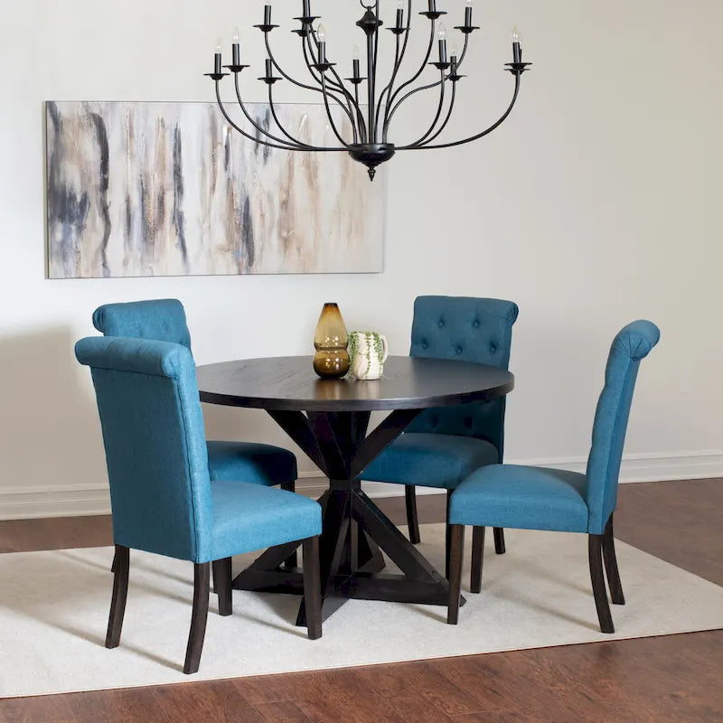Ensemble de salle à manger moderne 5 pièces avec table ronde à piètement croisé et 4 chaises tapissées en lin capitonnées