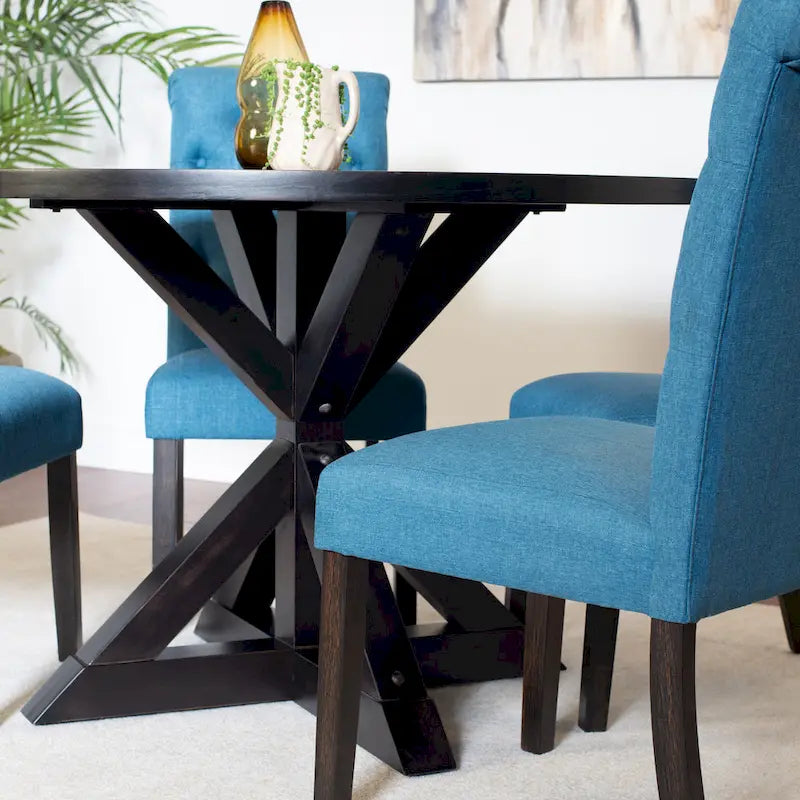 Ensemble de salle à manger moderne 5 pièces avec table ronde à piètement croisé et 4 chaises tapissées en lin capitonnées