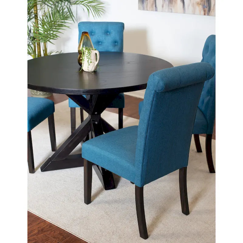 Ensemble de salle à manger moderne 5 pièces avec table ronde à piètement croisé et 4 chaises tapissées en lin capitonnées