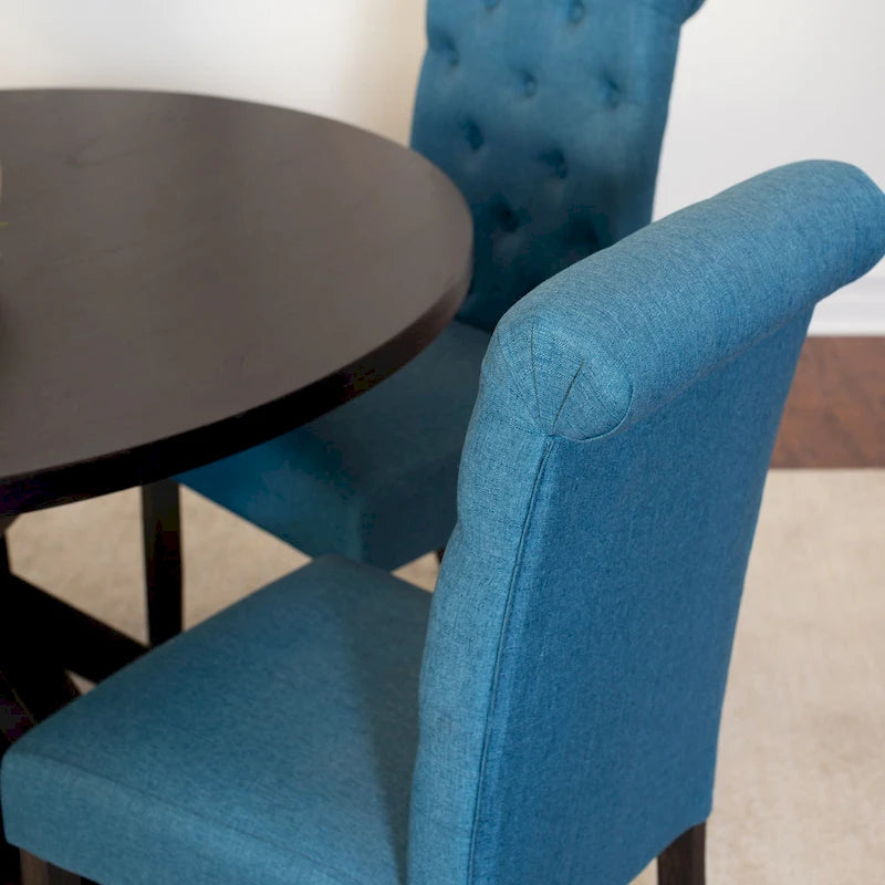 Ensemble de salle à manger moderne 5 pièces avec table ronde à piètement croisé et 4 chaises tapissées en lin capitonnées