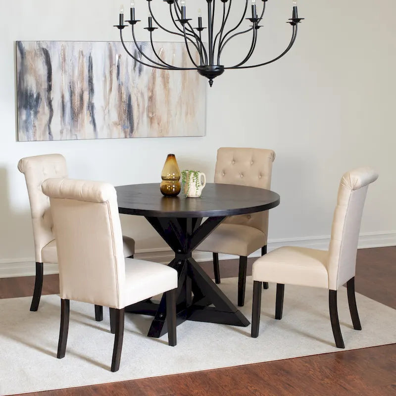 Ensemble de salle à manger moderne 5 pièces avec table ronde à piètement croisé et 4 chaises tapissées en lin capitonnées