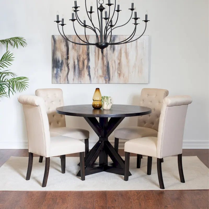 Ensemble de salle à manger moderne 5 pièces avec table ronde à piètement croisé et 4 chaises tapissées en lin capitonnées