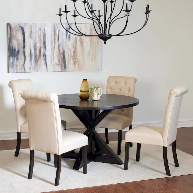 Ensemble de salle à manger moderne 5 pièces avec table ronde à piètement croisé et 4 chaises tapissées en lin capitonnées