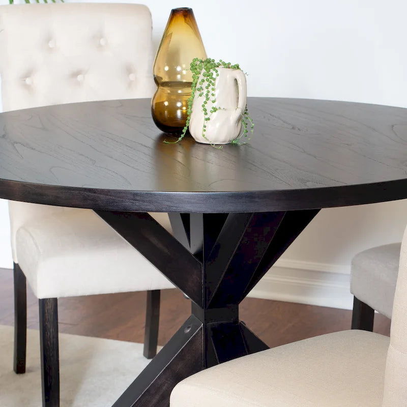Ensemble de salle à manger moderne 5 pièces avec table ronde à piètement croisé et 4 chaises tapissées en lin capitonnées