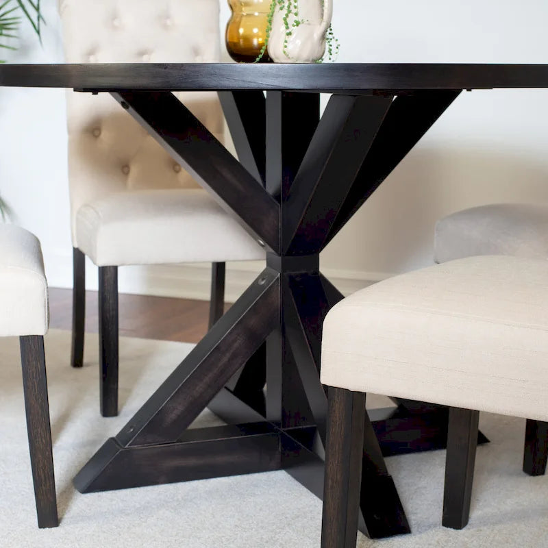 Ensemble de salle à manger moderne 5 pièces avec table ronde à piètement croisé et 4 chaises tapissées en lin capitonnées