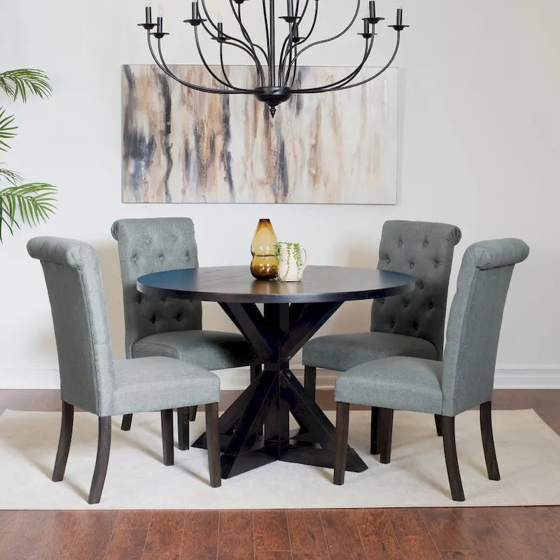 Ensemble de salle à manger moderne 5 pièces avec table ronde à piètement croisé et 4 chaises tapissées en lin capitonnées