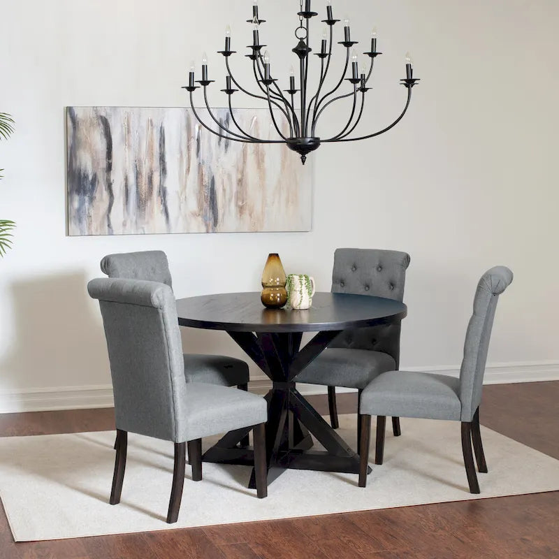 Ensemble de salle à manger moderne 5 pièces avec table ronde à piètement croisé et 4 chaises tapissées en lin capitonnées