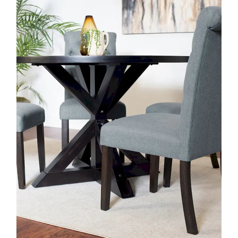 Ensemble de salle à manger moderne 5 pièces avec table ronde à piètement croisé et 4 chaises tapissées en lin capitonnées