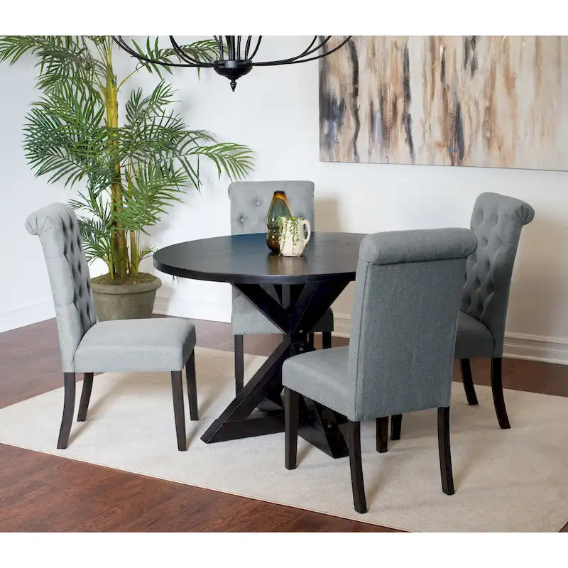 Ensemble de salle à manger moderne 5 pièces avec table ronde à piètement croisé et 4 chaises tapissées en lin capitonnées