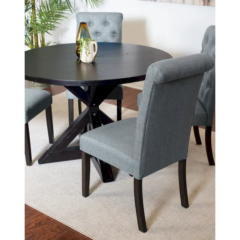 Ensemble de salle à manger moderne 5 pièces avec table ronde à piètement croisé et 4 chaises tapissées en lin capitonnées