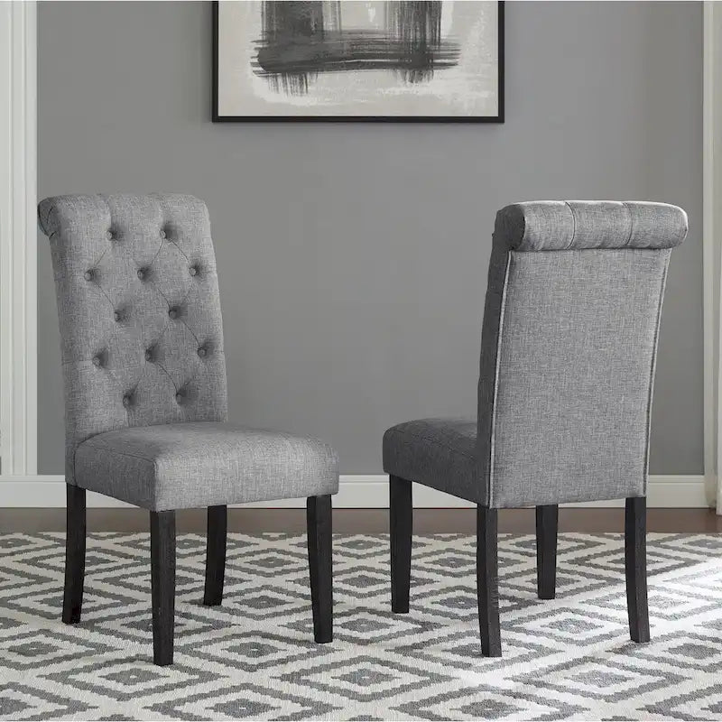 Ensemble de salle à manger moderne 5 pièces avec table ronde à piètement croisé et 4 chaises tapissées en lin capitonnées