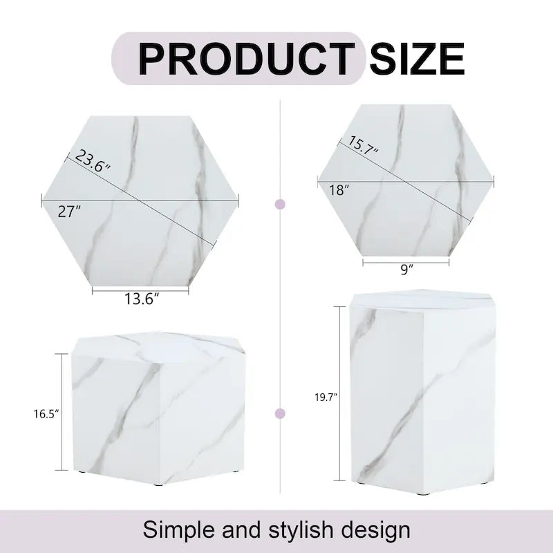 Lot de 2 tables basses hexagonales modernes avec cadre en MDF pour salon