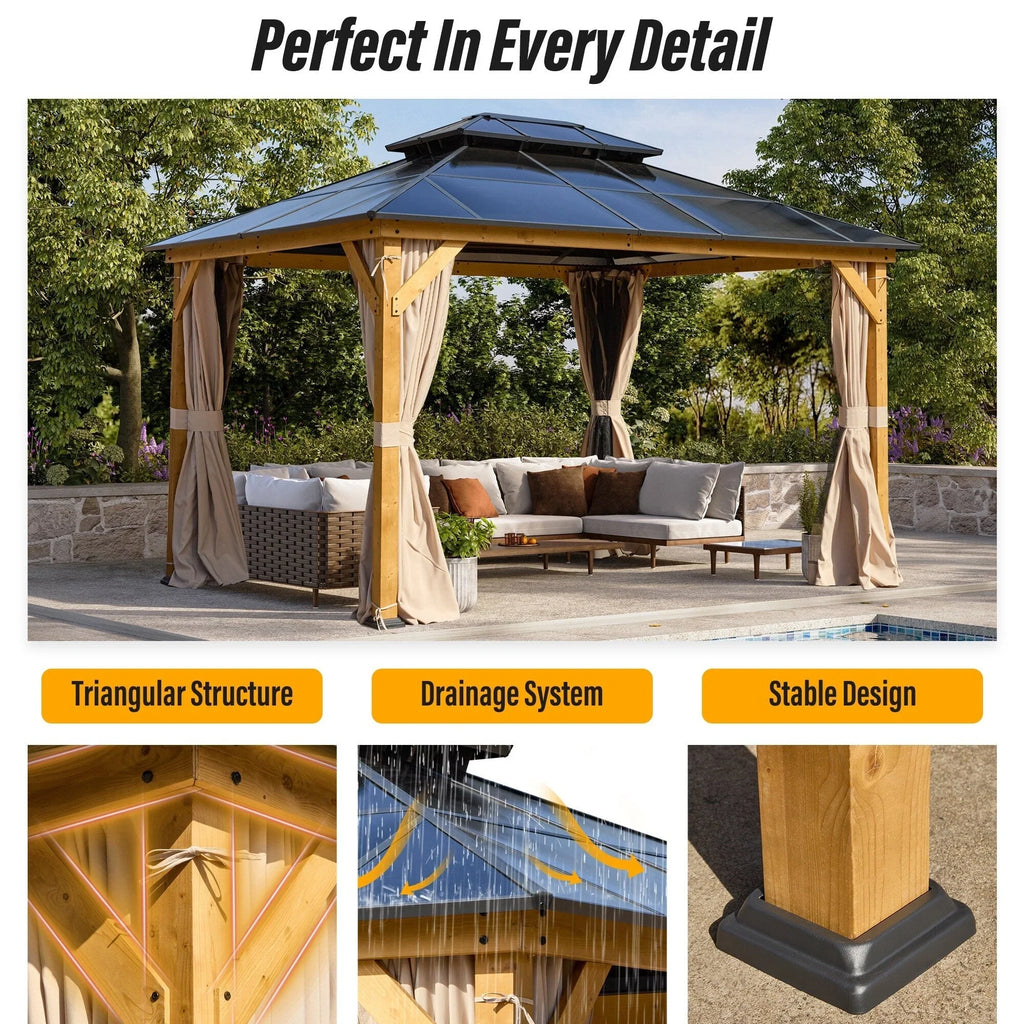 Tonnelle EROMMY à toit rigide, pergola extérieure avec double toit, moustiquaire et rideaux, auvent robuste pour patio, jardin, fête au bord de la piscine
