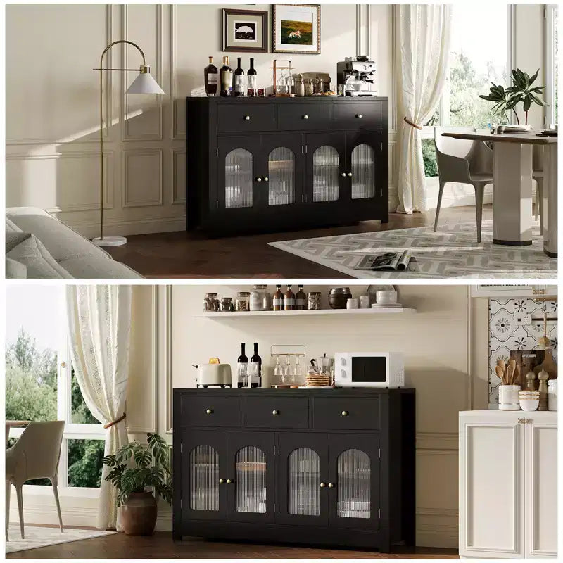 Buffet étroit de 140 cm avec 3 tiroirs et 4 portes pour cuisine, salle à manger, salon