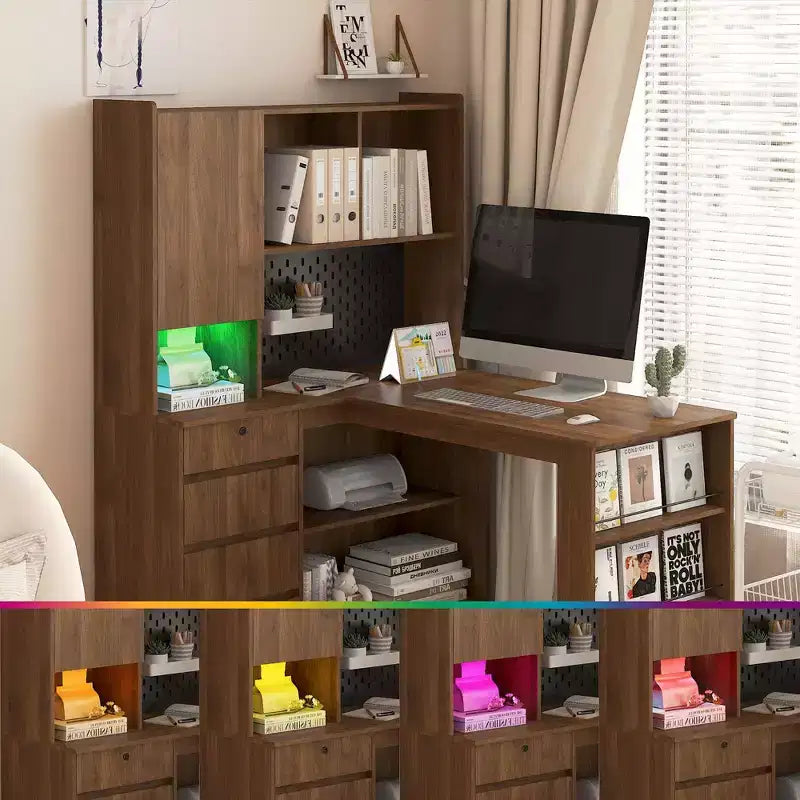 Bureau d'angle en L de 46 pouces avec bibliothèque et tiroirs
