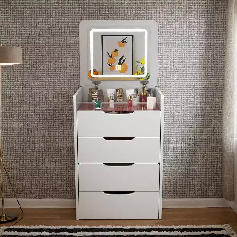 Coiffeuse 3-en-1 Okak avec miroir rabattable, coiffeuse compacte avec plateau en verre visible et tabouret rembourré, coiffeuse pour chambre à coucher