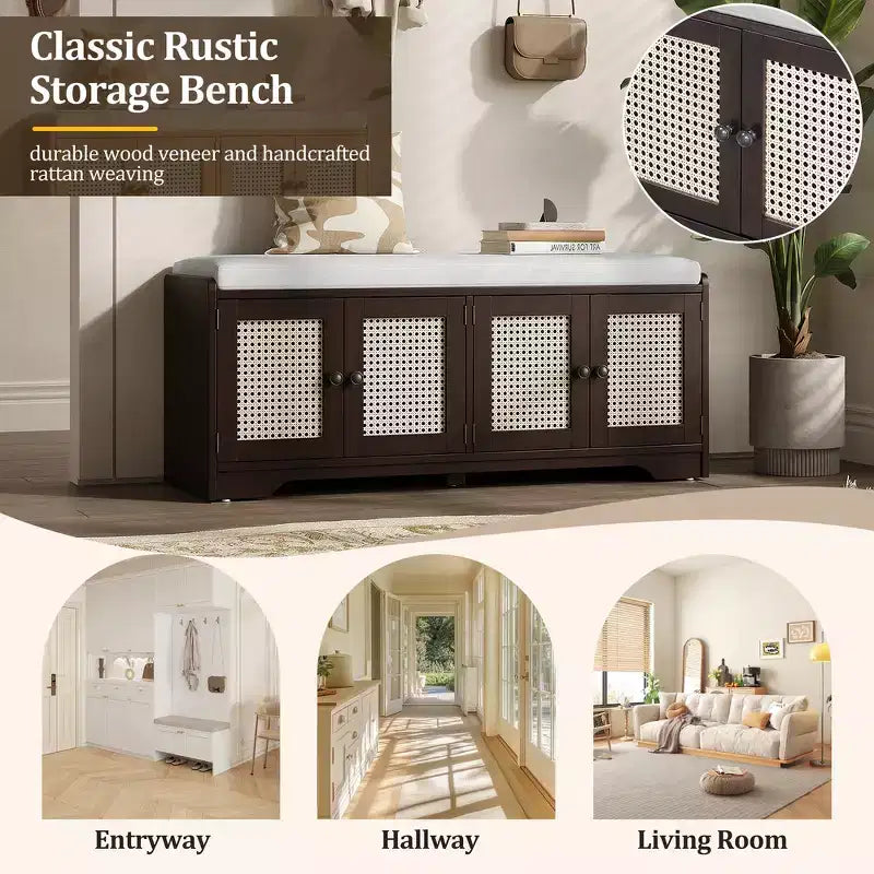 Banc de rangement rustique en bois Whisen, banc à chaussures d'entrée avec coussin amovible, étagères réglables