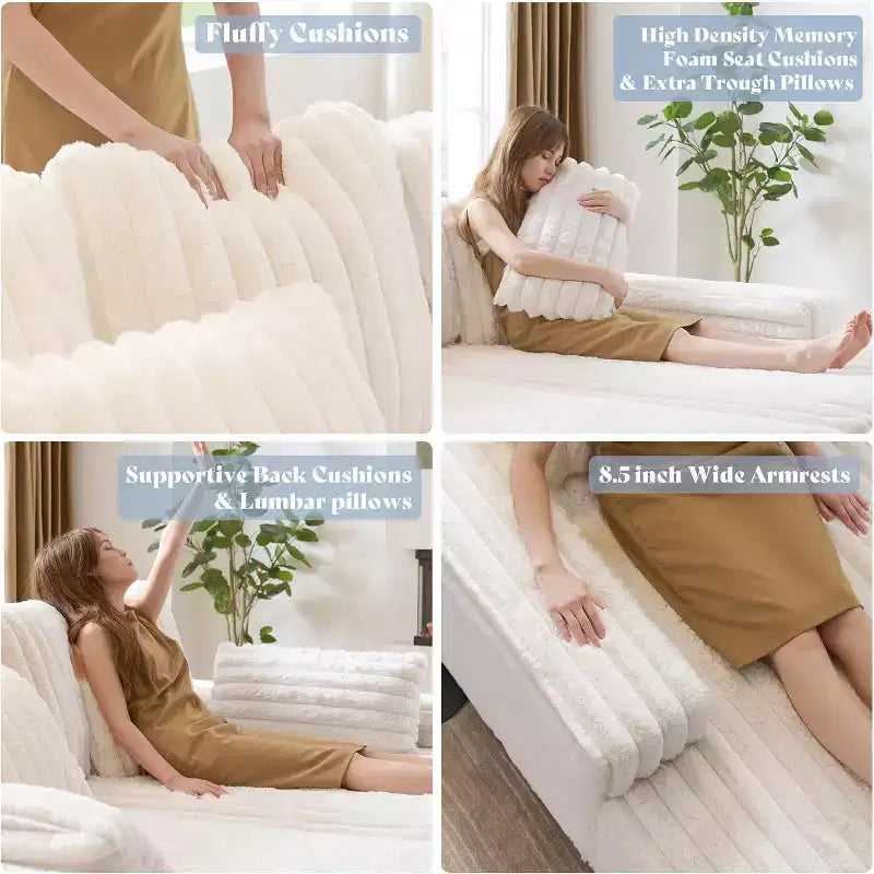 AMERLIFE Canapé double méridienne 93 po pour deux, canapé nuage avec assise profonde, coussins lombaires et accoudoirs larges, assemblage facile, fausse fourrure