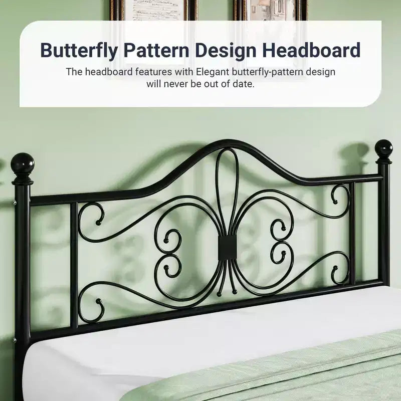 Cadre de lit en métal pour enfants avec tête et pied de lit papillon, aucun sommier tapissier requis