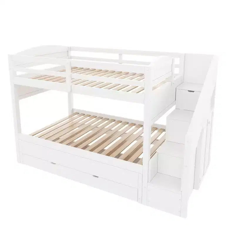 Lit superposé Whisen Twin XL avec lit gigogne, lit superposé avec rangement, lit superposé en bois massif, escalier de rangement, armoire, 3 tiroirs, pour enfants