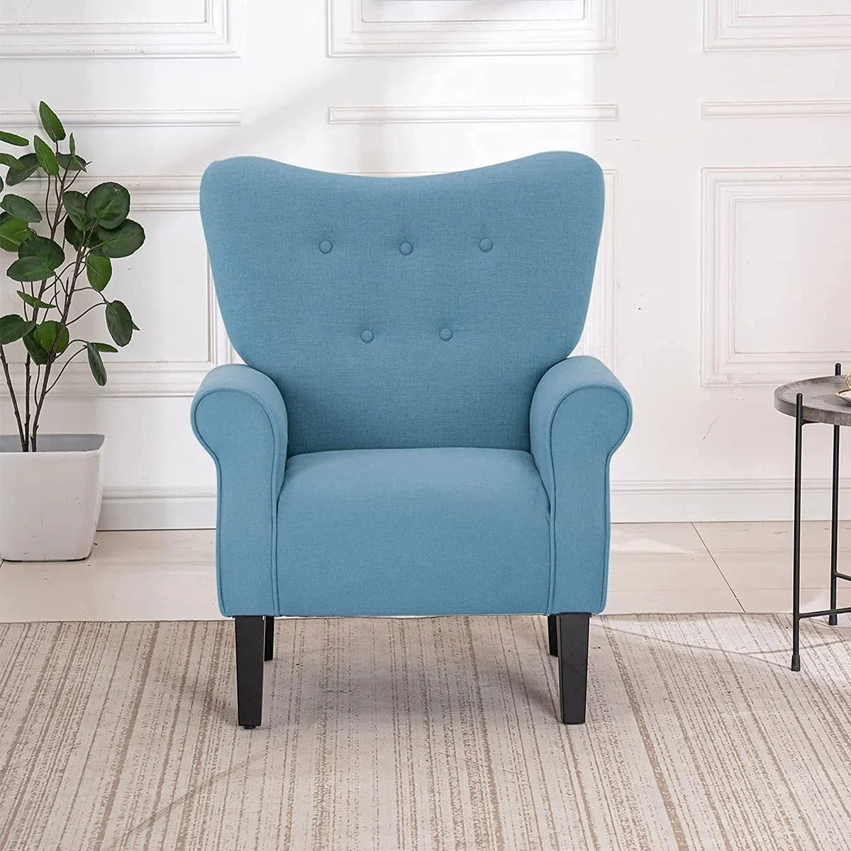 Fauteuil d'appoint moderne Erommy, fauteuil à dossier haut, canapé simple en tissu rembourré avec boutons et pieds en bois pour salon