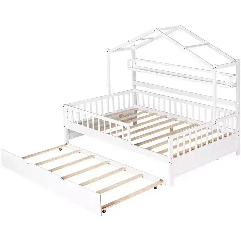 Acekool Lit cabane grandeur nature avec lit gigogne double, tiroirs de rangement et étagères, toit et clôture, lit plateforme pour enfants, blanc