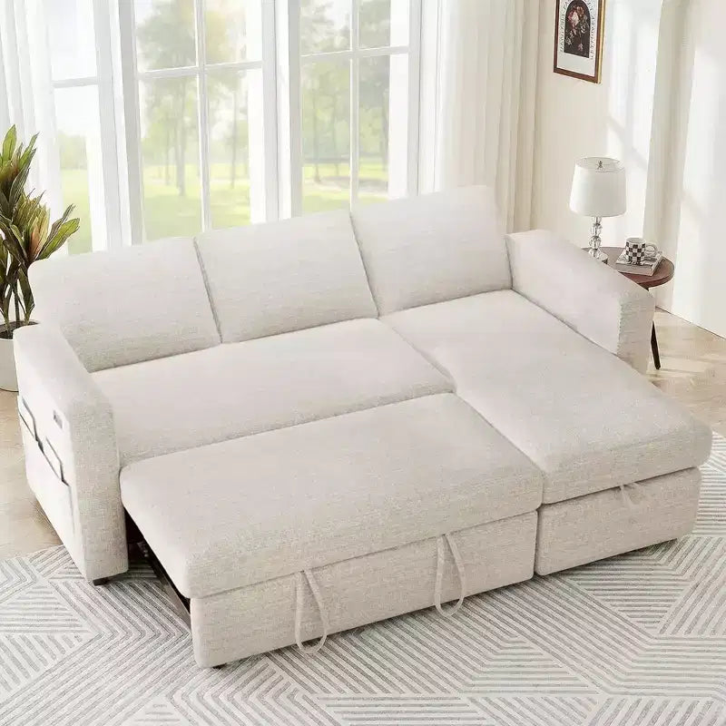Canapé-lit convertible 2-en-1 avec méridienne de rangement, canapé d'angle en chenille avec ports USB pour salon