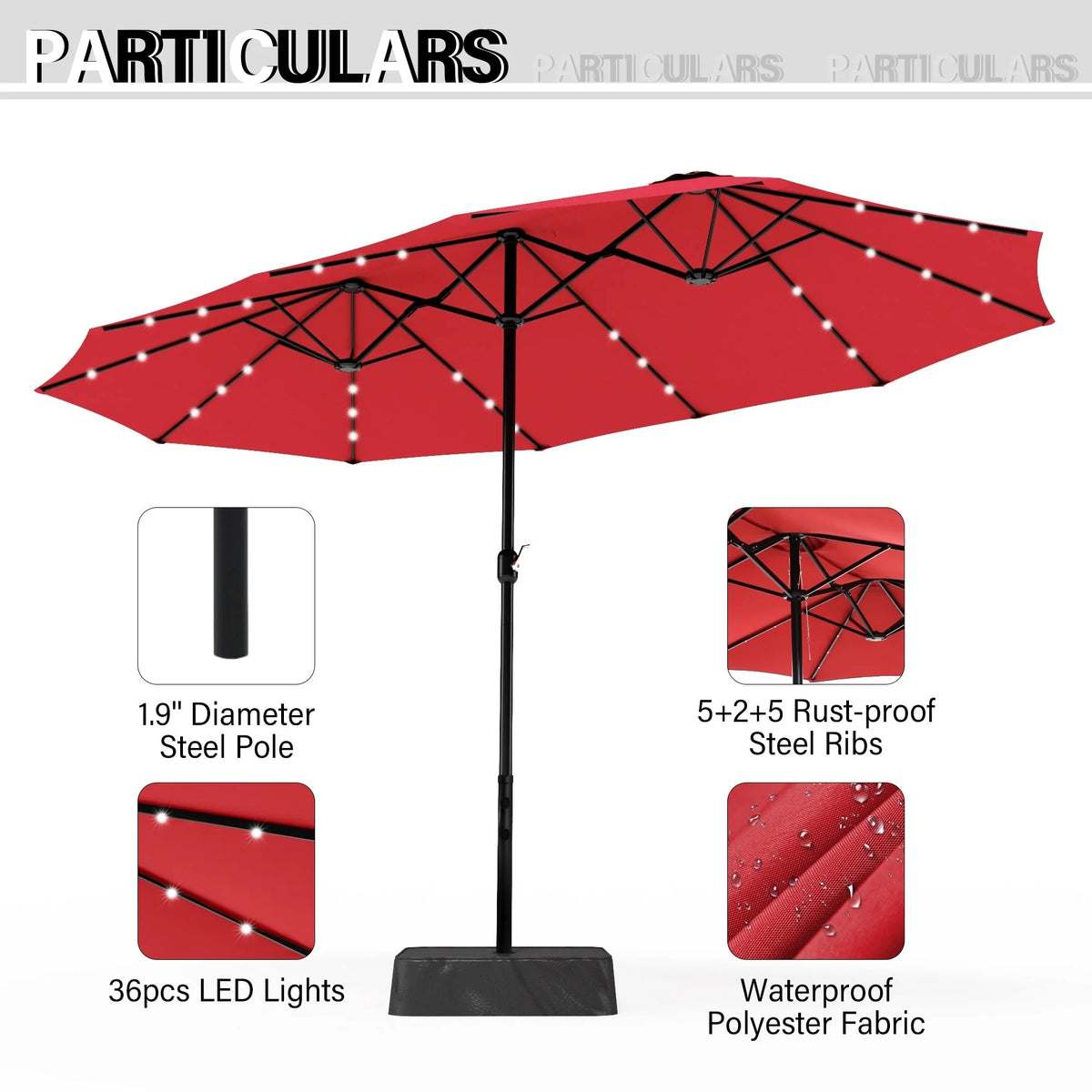 Parasol de marché extérieur rectangulaire de 4,5 m avec manivelle, double face, lumières LED solaires et base incluse