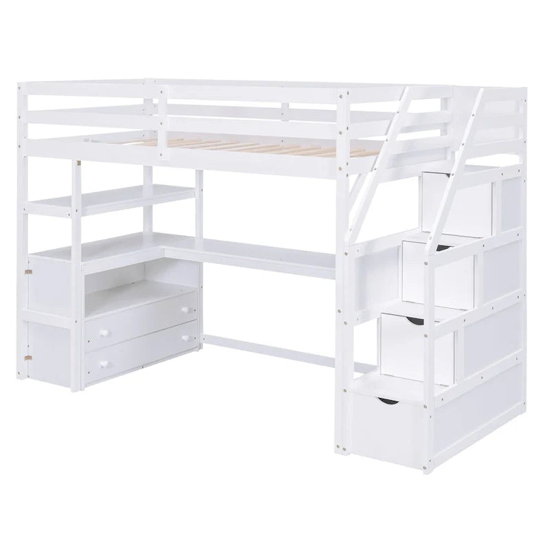 Lit mezzanine taille jumeau avec bureau et étagères, deux tiroirs intégrés, escalier de rangement