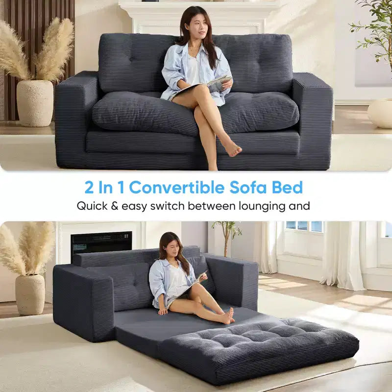 Mjkone Canapé-Lit Futon Convertible 2-en-1 180 cm, Canapé Deux Places Pliable en Tissu Côtelé avec Boutons Touffetés, Idéal pour Petits Espaces
