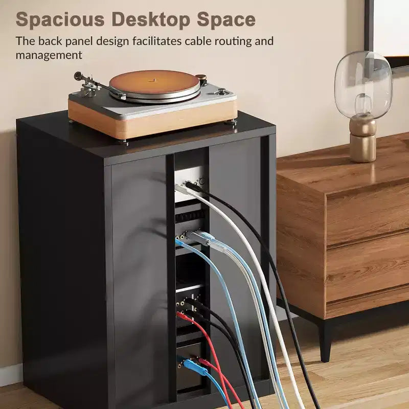 Meuble de rangement pour médias Bekrvio Metal, meuble stéréo à 4 niveaux avec portes en verre et étagères réglables, support audio AV avec gestion des câbles