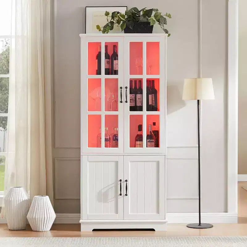 AMERLIFE Armoire de rangement haute 180 cm avec lumières LED, grande bibliothèque avec portes en verre acrylique