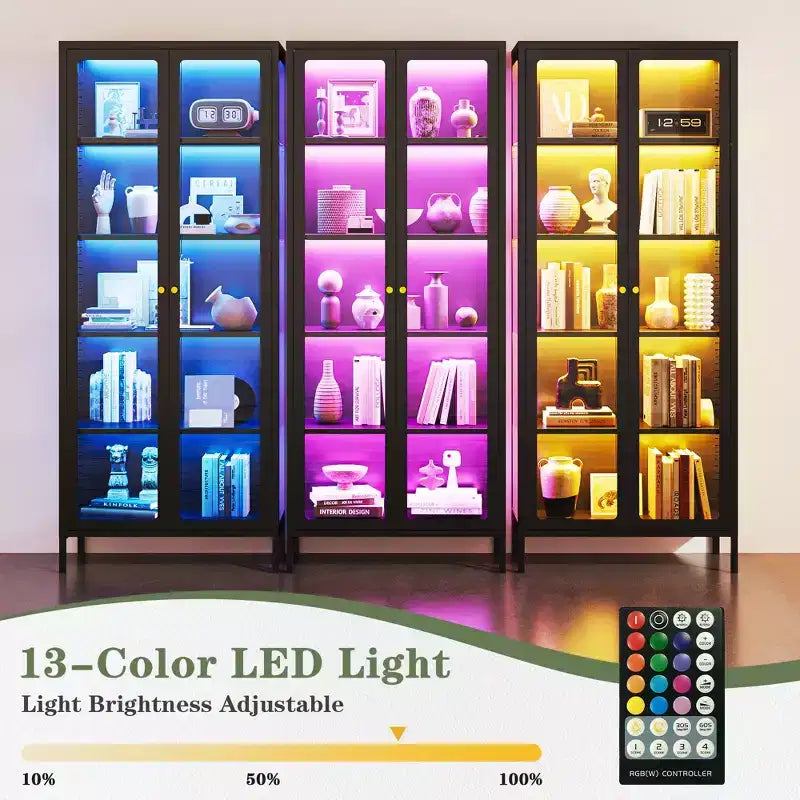 Bekrvio 67H Vitrine en Verre à 3 Côtés avec Lumières LED, Rangement à 5 Niveaux avec Double Porte et Cadre Métallique pour Objets de Collection, Idéale pour les Petits Espaces