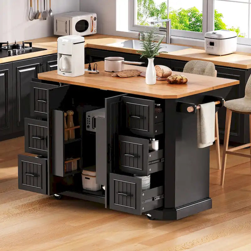 Îlot de cuisine escamotable à abattant, chariot de cuisine à 4 roulettes avec prise de courant, table îlot mobile avec 2 portes et 6 tiroirs
