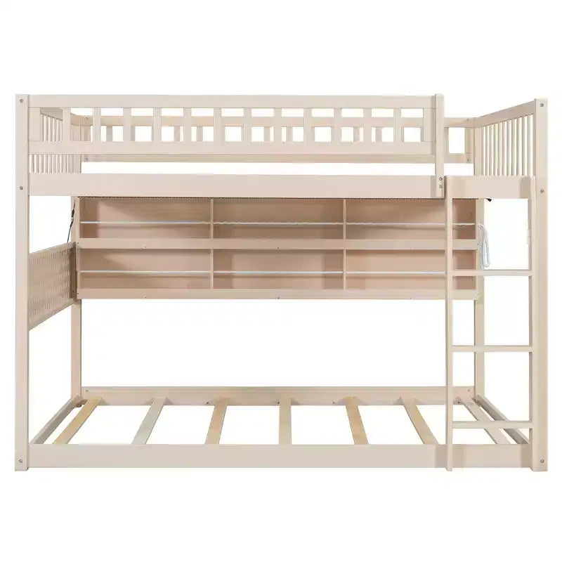 Lit superposé moderne bas Luxystar double sur double avec rangement, étagères éclairées et panneau perforé