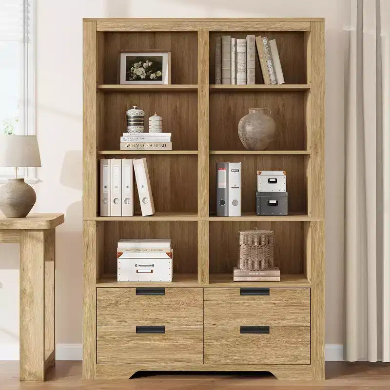 Bibliothèque haute de 72 po avec 4 tiroirs, étagère de rangement autoportante de style campagnard pour chambre à coucher, salon, bureau à domicile