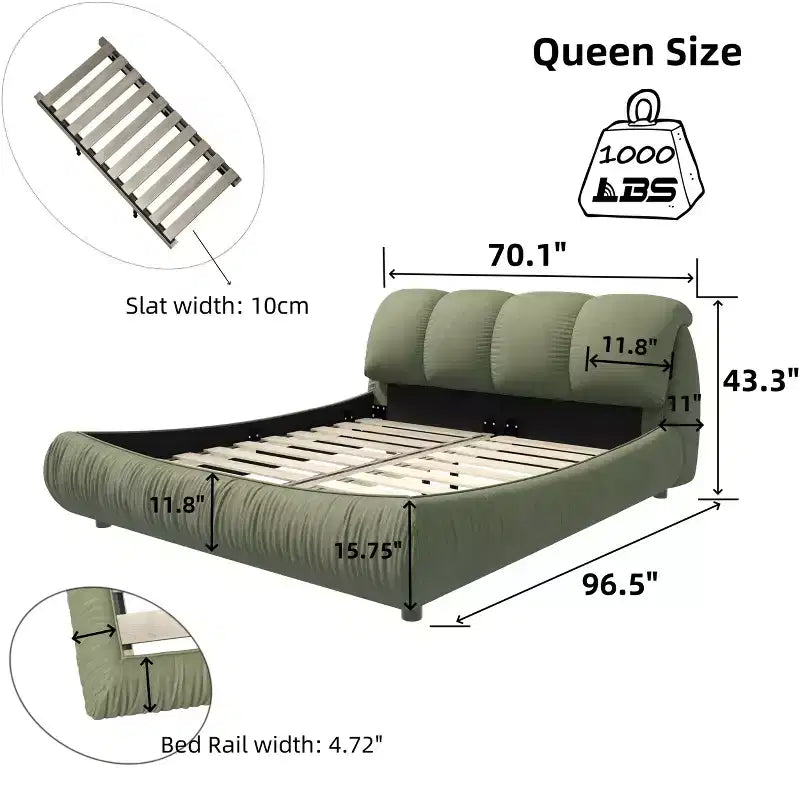 MAYEERTY Lit plateforme de luxe Queen Size tapissé avec tête de lit rembourrée surdimensionnée et cadre en bois massif Vert