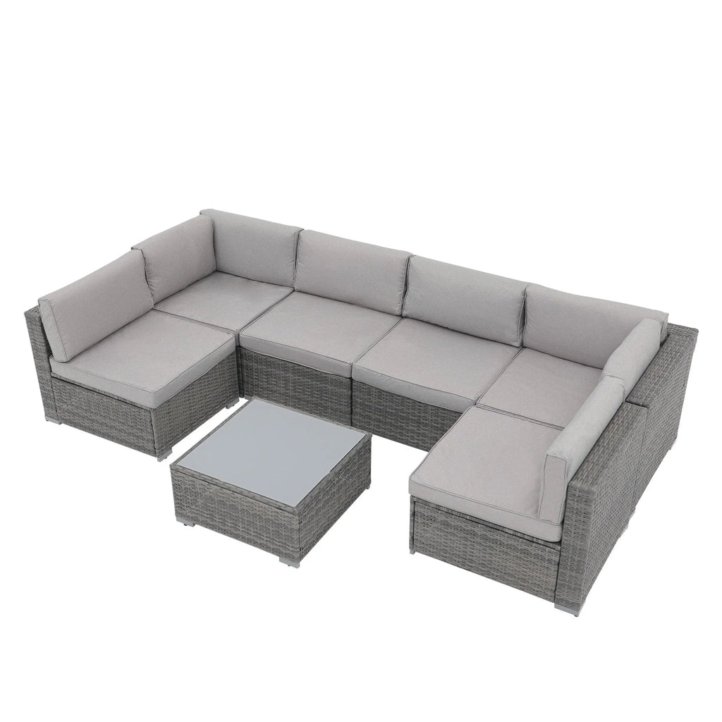 Ensemble de canapé d'angle d'extérieur 7 pièces en osier/acier avec coussins