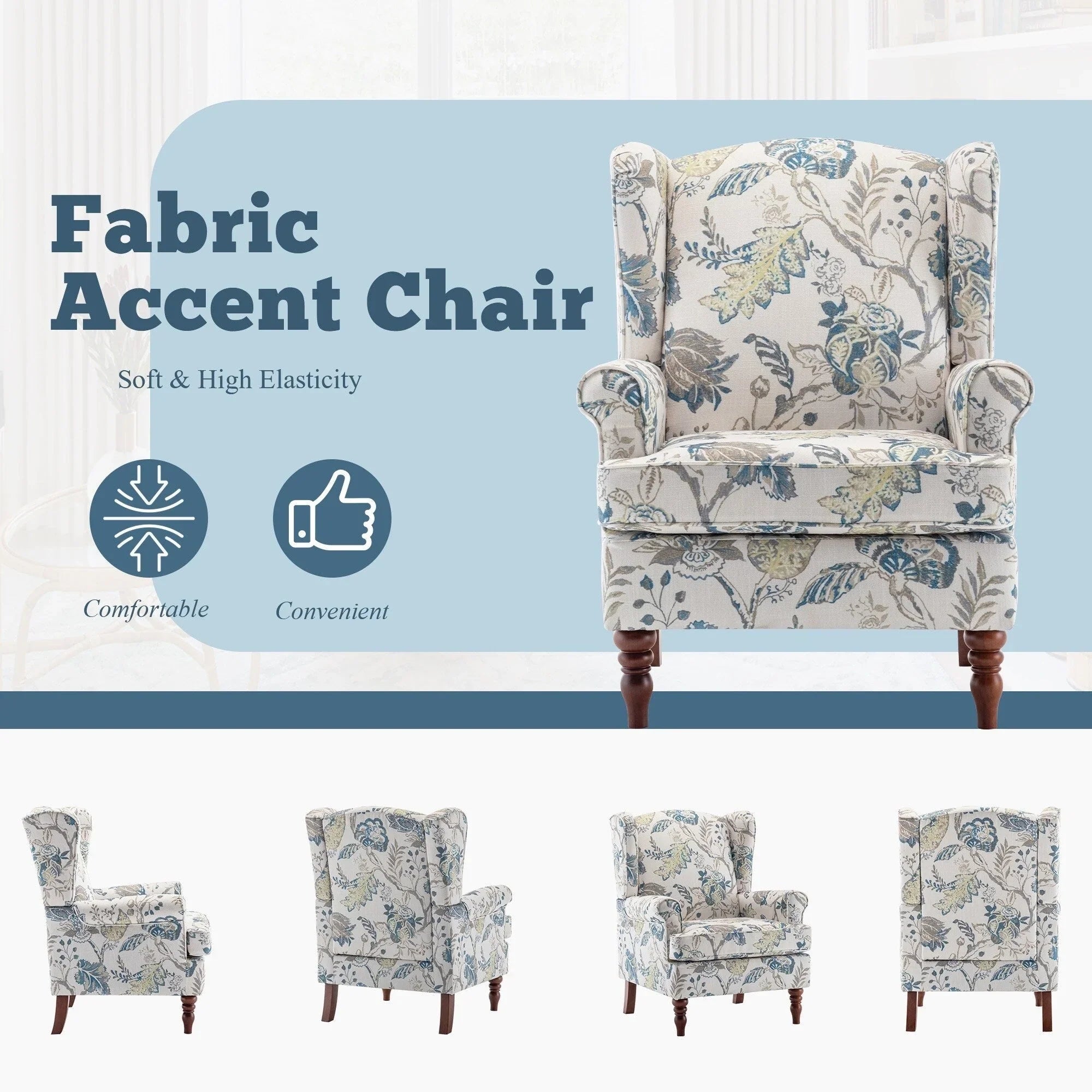 Fauteuil d'appoint moderne Erommy, fauteuil à dossier haut, canapé simple en tissu rembourré avec boutons et pieds en bois pour salon