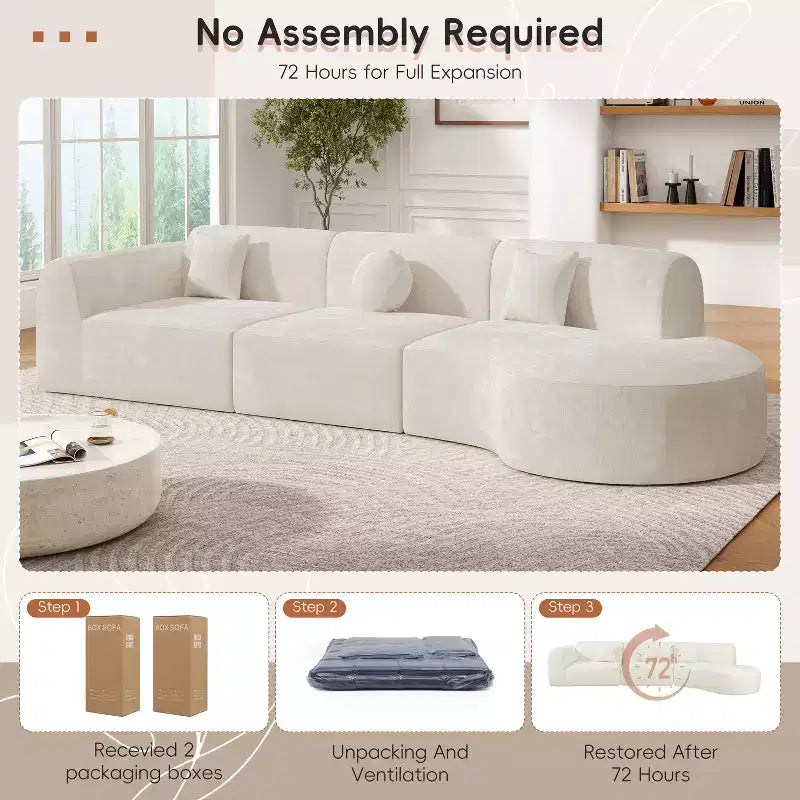 Canapé d'angle moderne incurvé de 355 cm avec méridienne, ensemble 3 pièces, pour salon