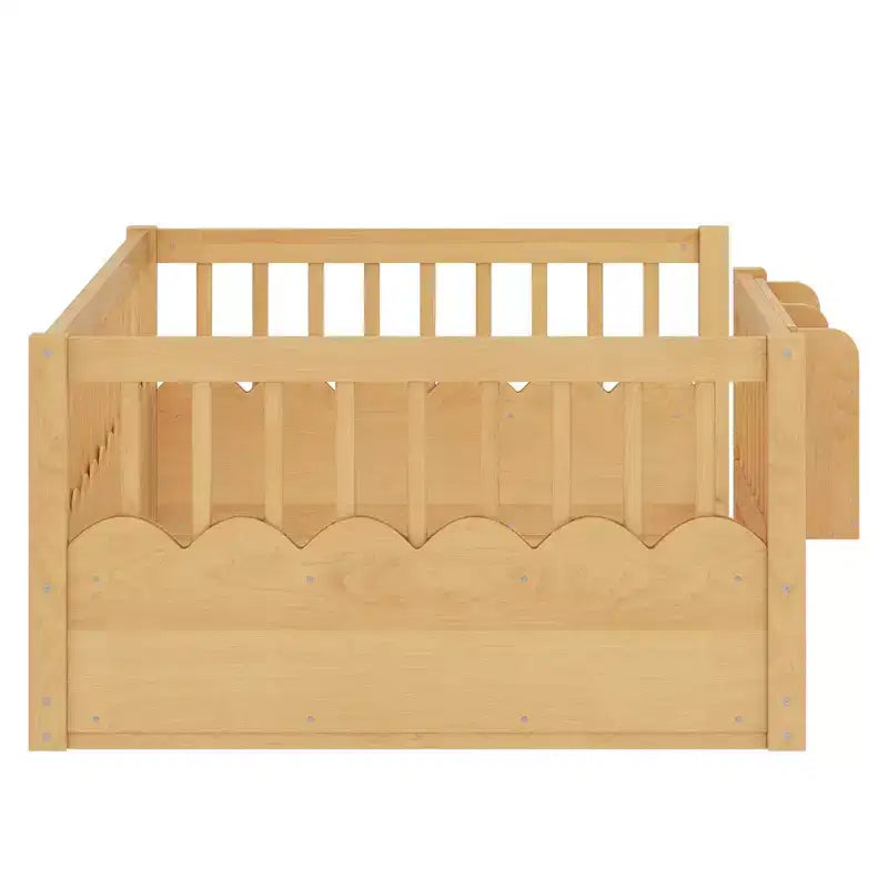 Lit d'enfant Bellemave avec clôture rehaussée et étagère, cadre de lit Montessori double en bois pour filles et garçons