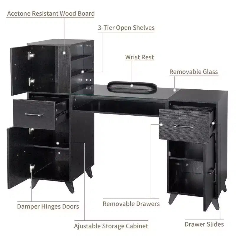 Bureau de manucure moderne noir/rose avec plateau en verre et repose-poignet, poste unique
